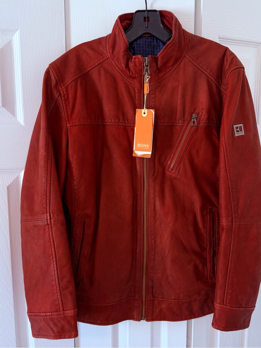 NWT $545 HUGO BOSS Orange Mens Leather Jacket S or Slim Fit M 38R Rust-Red Bordo
